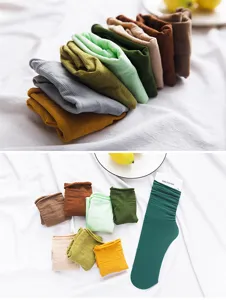 Detailed view of colorful velvet stackable long socks in various tones for daily wear.