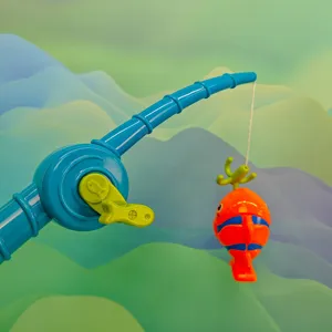 Kids bath water play fishing toy set, blue fishing rod with cute orange fish for summer fun.