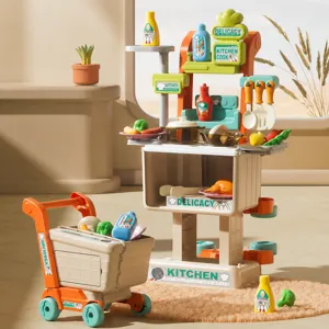 2-in-1 kids kitchen playset and shopping cart toy with cooking accessories and utensils.