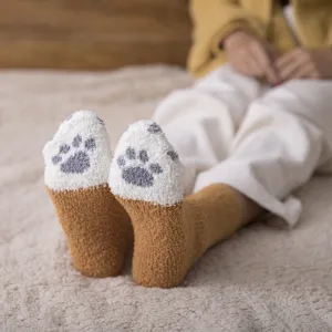 Winter warm fuzzy coral fleece sleep socks for women with cute cat paw design cozy home use