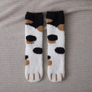 Cute fuzzy coral fleece sleep socks with cat paw pattern, soft winter warm floor socks for women