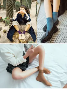 Detail view of soft colorful stacked socks styled in various daily outfits and indoor scenes.