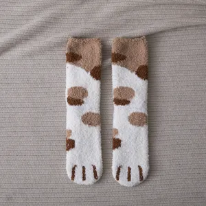 Cute fuzzy cat paw coral fleece sleeping socks for women winter warm thermal floor socks