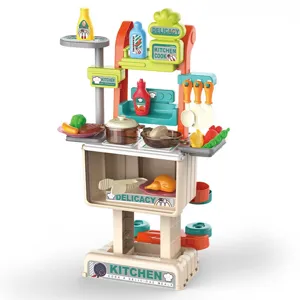 Kids 2-in-1 shopping cart kitchen play set pretend cooking toy with utensils and food.