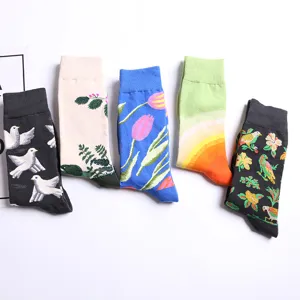 Comfortable cotton mid-calf socks with stylish floral bird and tulip patterns for daily wear.