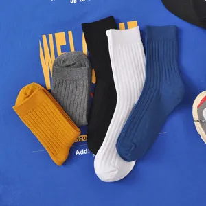 Men casual mid-tube socks cotton vertical stripes breathable spring summer solid colors