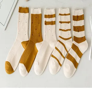 Women distressed striped mid tube cotton socks, Japanese vintage style summer casual hosiery.