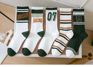 Men's retro mid-calf sports socks casual cotton striped letter casual daily wear socks