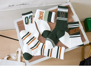 Men's cotton sport crew socks with stylish striped design and athletic letters.