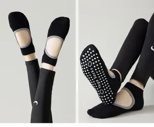 Non-slip yoga socks detail showing breathable cotton fabric and dot grip sole for fitness.