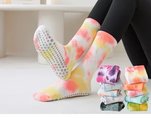 Colorful tie-dye non-slip yoga socks for women, breathable mid-tube pilates and fitness socks.