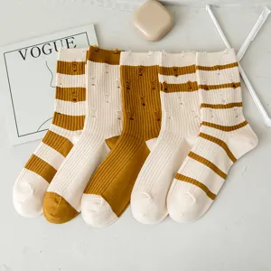 Women Casual Cotton Mid-Calf Socks Japanese Streetwear Distressed Hollow Out Striped Fashion Hosiery Daily Wear