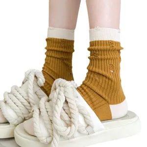 Women distressed crew socks retro mustard yellow cotton mid-tube socks street style