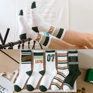 Men's Casual Athletic Cotton Crew Socks Striped Letter Print Breathable Sports Socks For Running Basketball