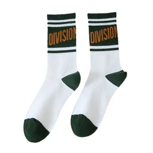 Men's striped crew socks, casual athletic cotton socks with division letter knit, breathable white green.