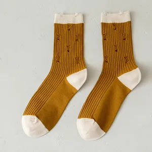 Women distressed crew socks mustard yellow white cotton Japanese street style trendy mid-tube