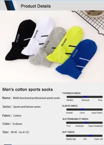 Detailed view of men's cotton sports socks showing five colors and elasticity permeability index.