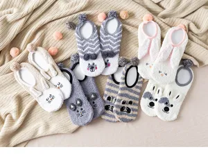 Thickened cute animal plush warm floor socks for women, cozy coral fleece sleep winter home wear.