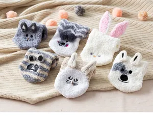 Cute animal plush fuzzy socks for women, thick warm winter home floor socks with 3D ears.