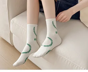 Comfortable cotton crew socks with lucky exam print, perfect detail view for students.