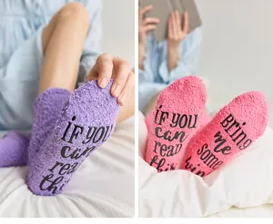 Cozy fuzzy fluffy socks with funny sole text, warm coral fleece winter indoor floor socks for women.
