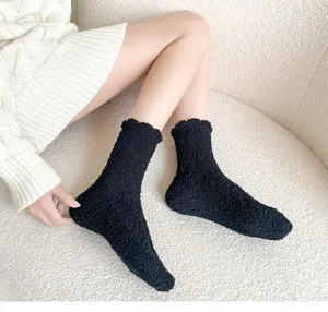 Cozy black coral fleece plush thermal socks detail shot showing soft texture and comfy fit.