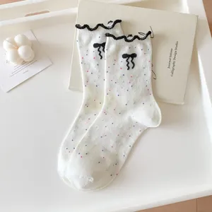 Cute women mid-tube socks with colorful dots sweet bow ruffle lace trim knit hosiery