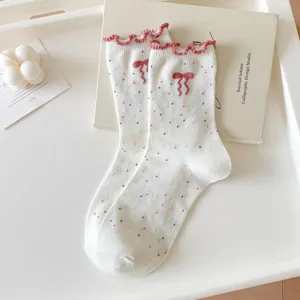 Women sweet mid-tube socks white colorful dot ruffles pink bow cute Japanese style hosiery
