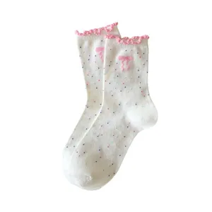 Cute white women mid-tube socks with pink lace ruffles sweet Japanese style bow dot socks