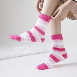 Women fuzzy striped coral fleece socks winter warm soft pink home floor sleeping socks