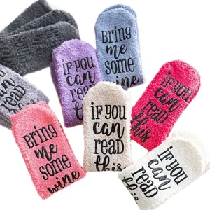 Cozy fuzzy coral fleece winter floor socks with funny anti-slip bottom text for women