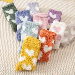 Women fluffy coral fleece winter warm socks cute heart print thick home sleep socks set