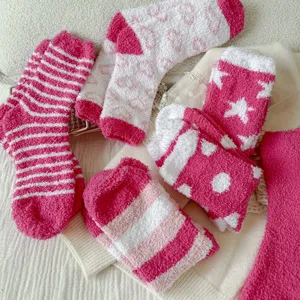 Women's fuzzy coral fleece winter floor socks set, soft cozy home sleep socks with cute pink patterns.