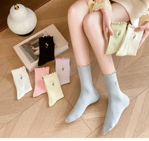 Women ruffle trim mid tube socks with floral embroidery, thin cotton spring summer socks.