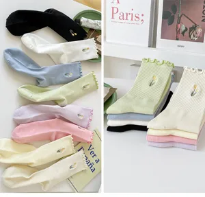 Women cotton mid tube socks with lettuce edge and cute floral embroidery for spring summer.