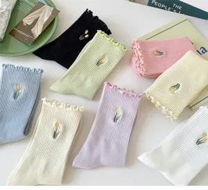 Women cotton ruffles crew socks with cute tulip embroidery, spring summer thin casual socks.