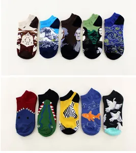 Cotton art oil painting short boat socks retro cartoon street style unisex socks for all seasons