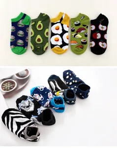 Cute cartoon food patterned low cut ankle socks detail view, soft cotton casual daily wear.