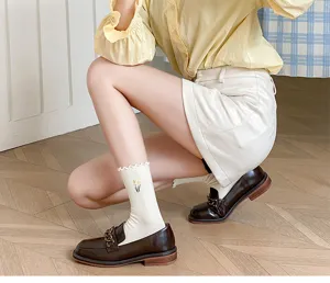 Women cute floral embroidered ruffle mid-calf cotton socks casual daily wear breathable