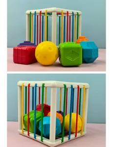 Educational baby shape sorter toy with colorful elastic bands and multi-shape sorting blocks.