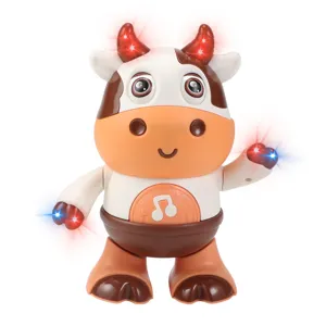 Electric dancing cow toy for kids with flashing lights and music, fun interactive cartoon toy.