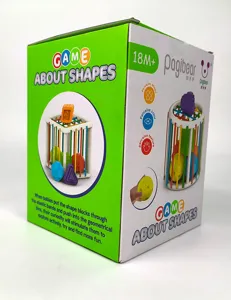 Details of the baby educational shape sorter toy packaging box showing rainbow blocks.