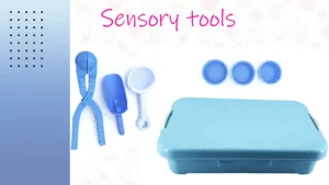 Details of the blue sensory tools set, including scoops, cups, and a large storage bin.