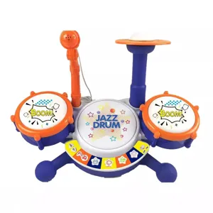 Kids electronic jazz drum toy with microphone and drum pads for early musical education.