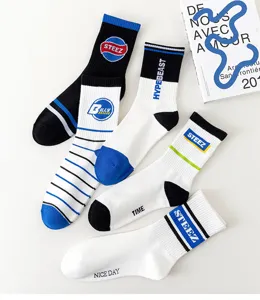 Detailed view of men streetwear crew socks, hip hop cotton knit socks, trendy athletic style