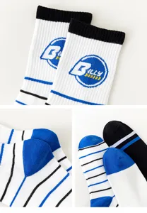 Men trendy mid-tube cotton socks detail view, stylish stripe and knit logo design.