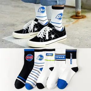 Men Crew Socks Trendy Hip Hop Cotton Sport Socks Casual Striped Letter Printed Fashion Streetwear Skate Socks