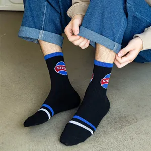 Men's streetwear crew socks, black hip-hop cotton socks with trendy prints and stripes.