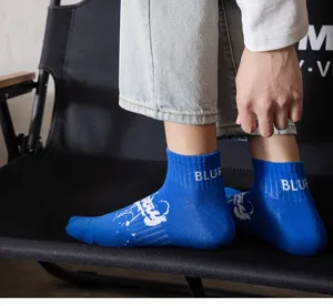 Men summer blue short socks cotton low cut breathable casual athletic socks with letter print
