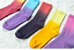 Gradient tie-dye mid-tube cotton socks for women, colorful spring and summer casual wear.